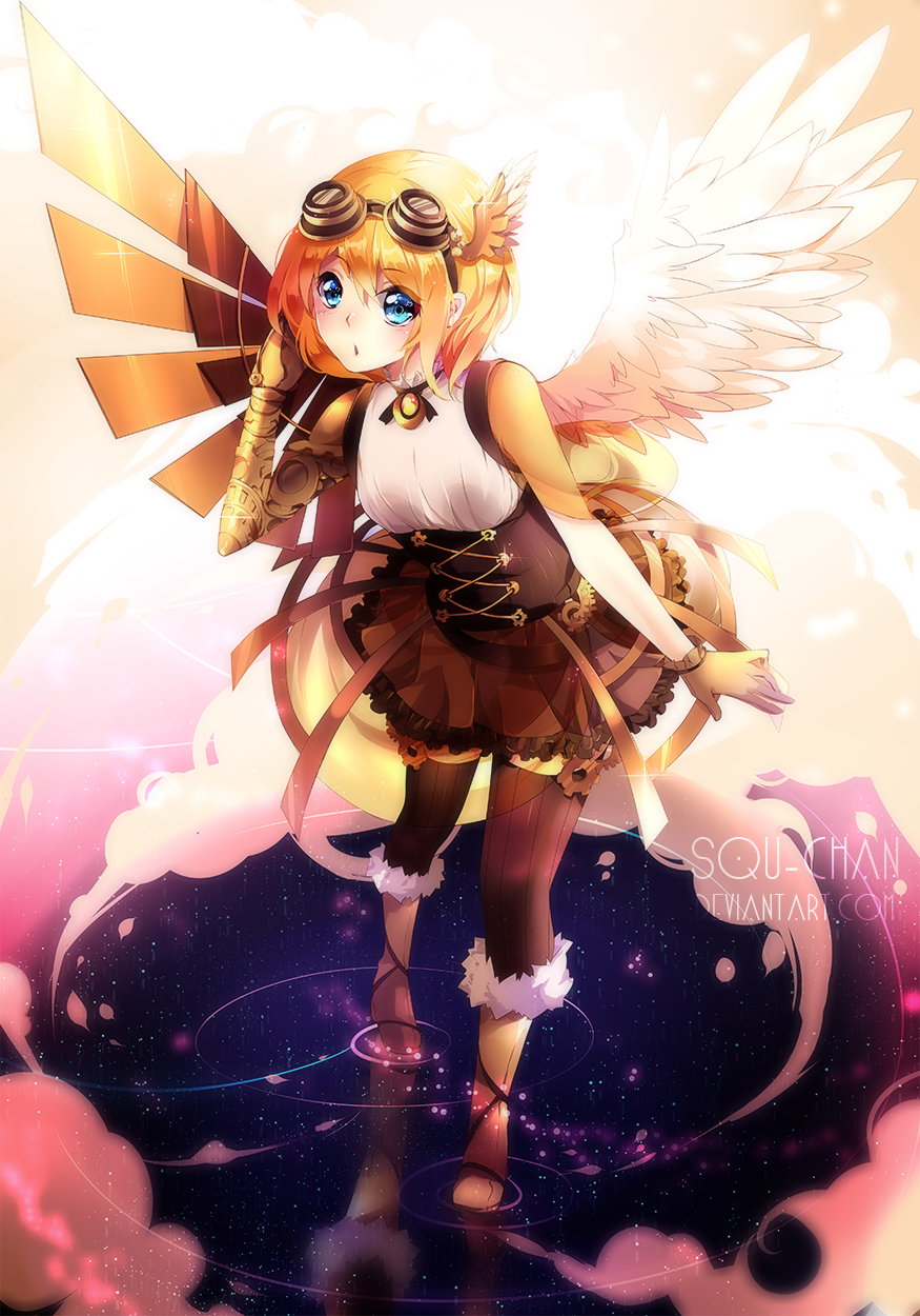 1girl, angel, angel_wings, artist_name, asymmetrical_wings, blonde_hair, blue_eyes, boots