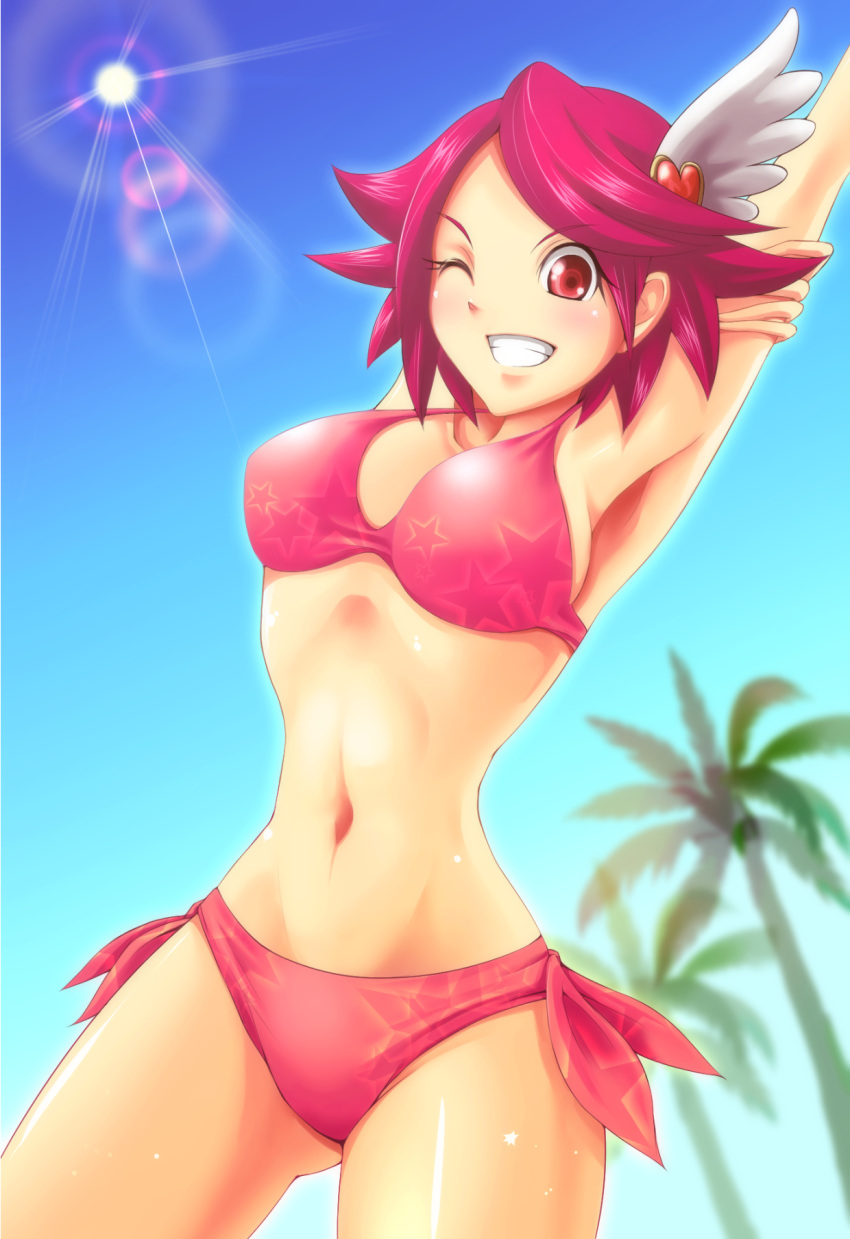 arms_up, bikini, cure_southern_cross, grin, happinesscharge_precure!, highres, one_eye_closed, pink_hair