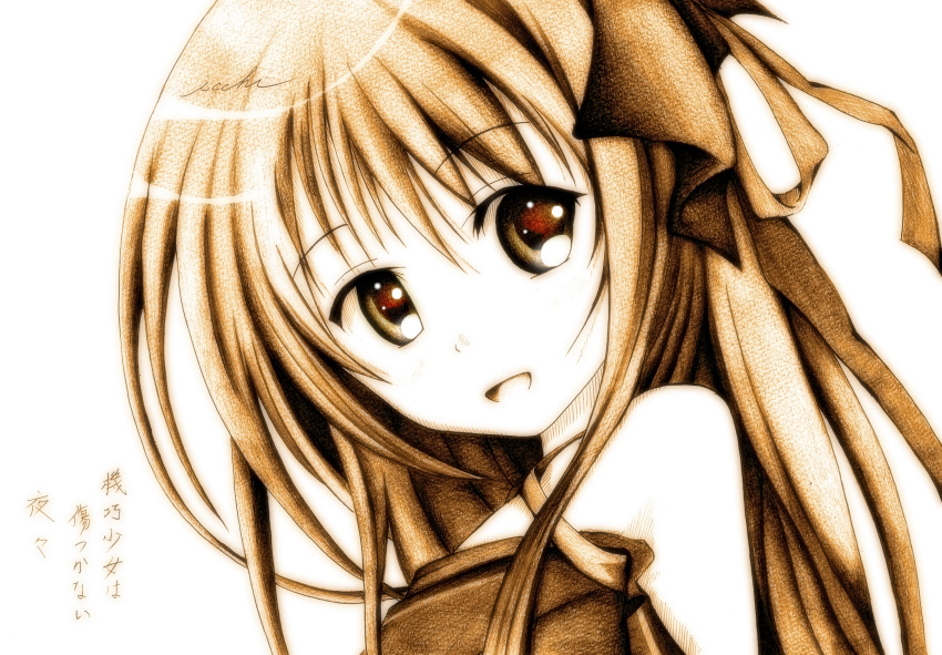 1girl, :p, absurdres, bow, hair_bow, hair_ribbon, highres, icchigood, long_hair, looking_at_viewer, machine-doll_wa_kizutsukanai, mixed_media, monochrome, open_mouth, ribbon, signature, smile, solo, tongue, tongue_out, traditional_media, very_long_hair, white_background, yaya_(machine-doll)