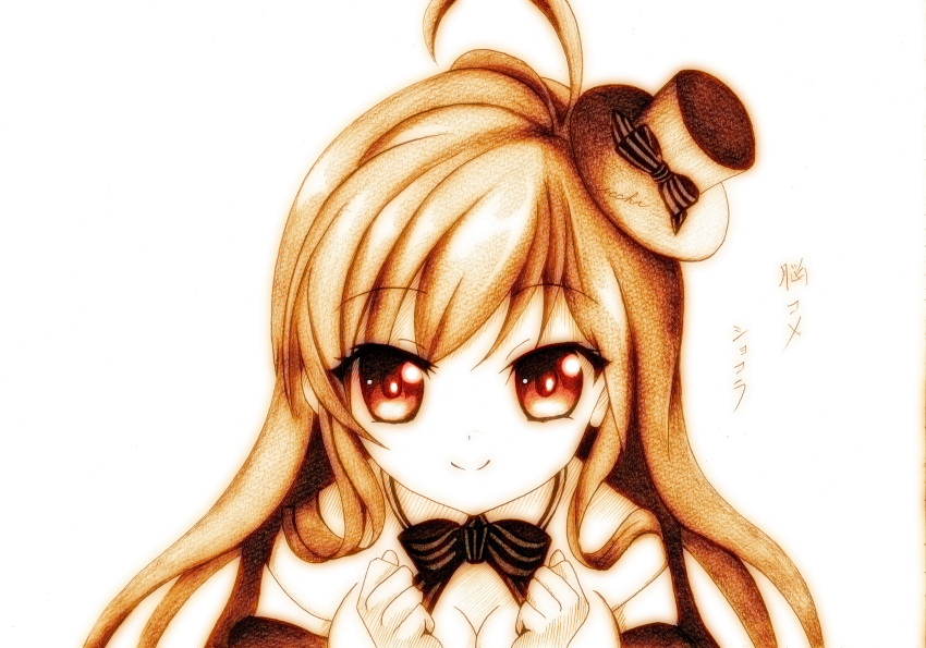 1girl, absurdres, bowtie, breasts, chocolat_(noucome), cleavage, female, hat, highres, icchigood, long_hair, looking_at_viewer, mini_top_hat, mixed_media, monochrome, ore_no_nounai_sentakushi_ga_gakuen_love-comedy_wo_senryoku_de_jama_shiteru, signature, smile, solo, top_hat, traditional_media, very_long_hair, white_background