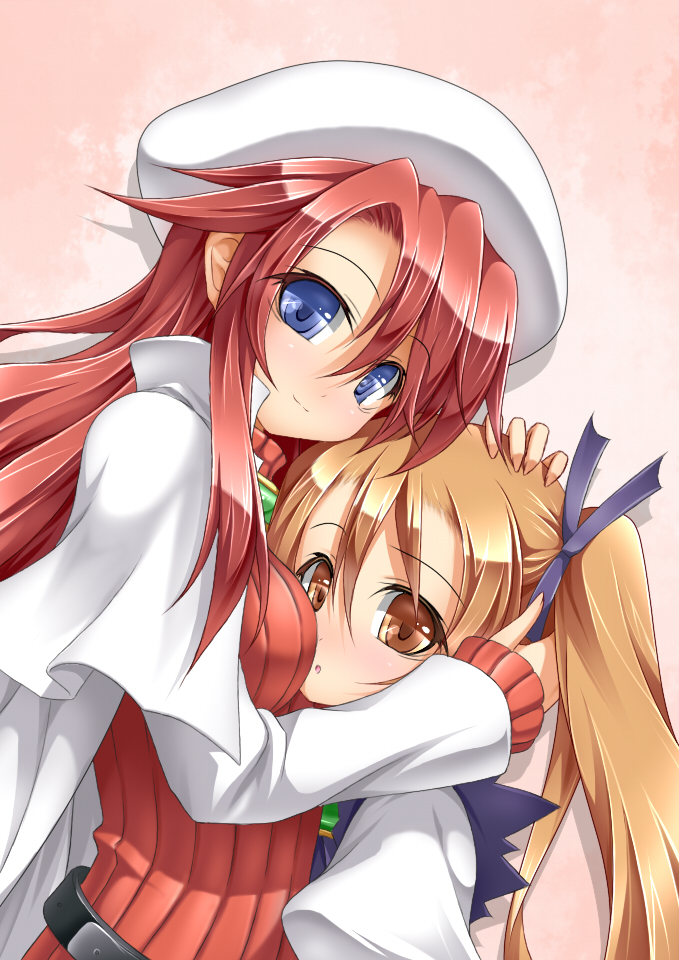 2girls, aliese, aty, blue_eyes, brown_eyes, brown_hair, hat, hug