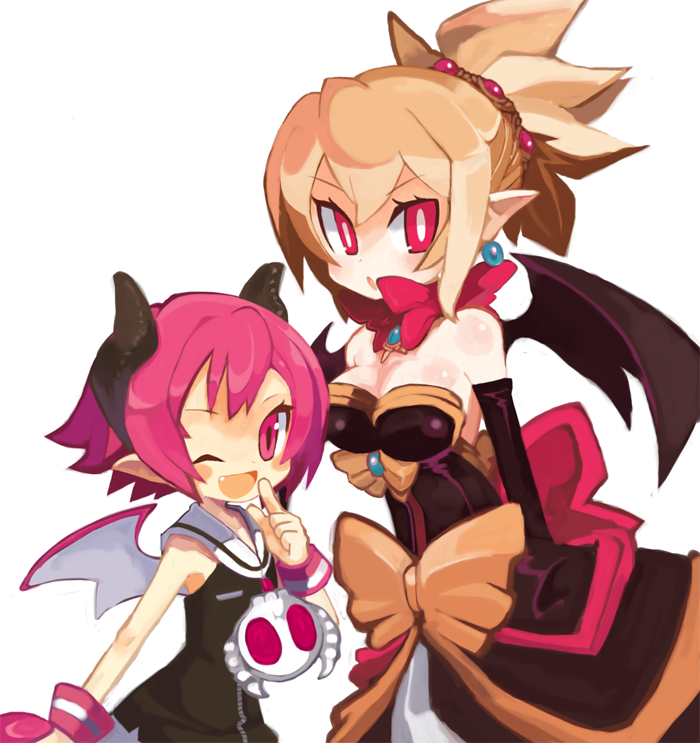 2girls, black_dress, blonde_hair, breasts, bright_pupils, cleavage, demon_girl, disgaea