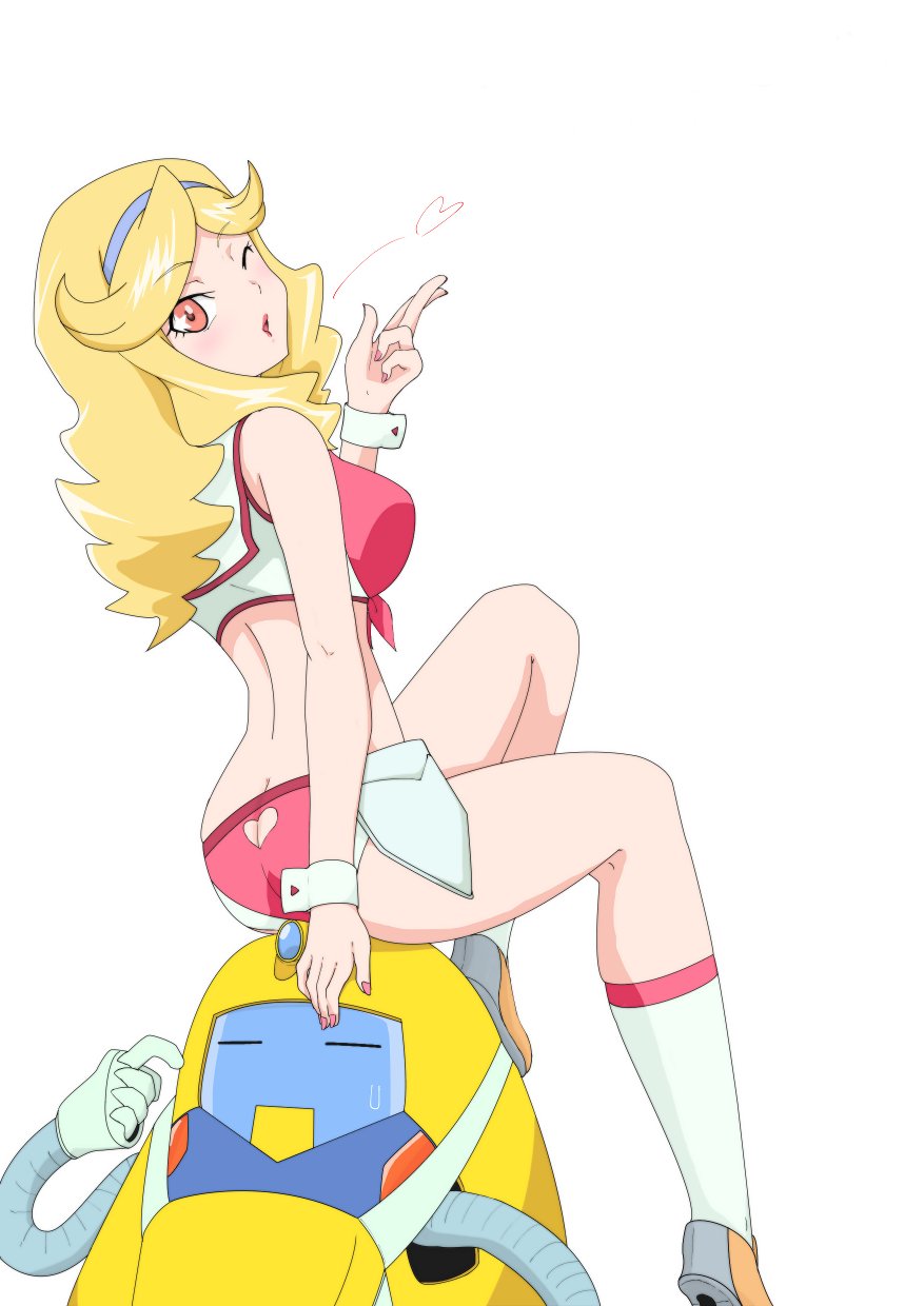 1girl, ass, blonde_hair, blown_kiss, boobies_uniform, breasts, front-tie_top, highres, honey_(space_dandy), long_hair, looking_at_viewer, maimai251, on_head, one_eye_closed, qt_(space_dandy), robot, short_shorts, shorts, sitting, sitting_on_person, socks, space_dandy, wrist_cuffs