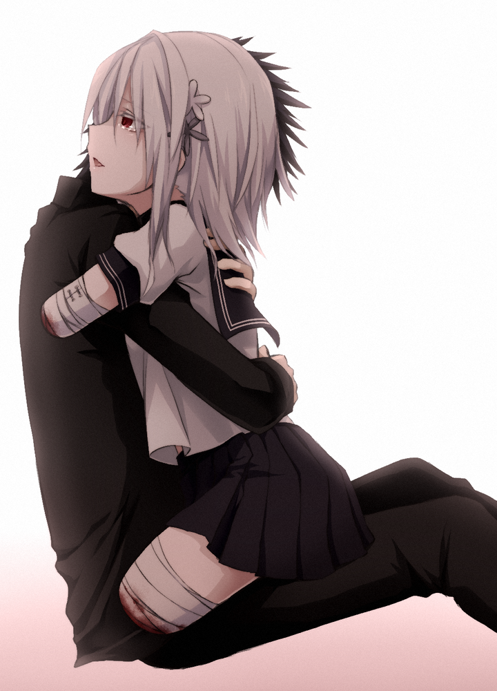 1boy, 1girl, accelerator, albino, amputee, black_hair, choker, flower