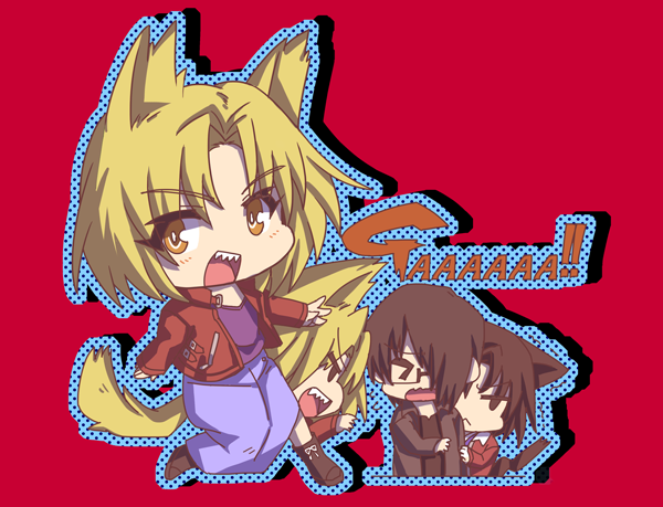 >_<, 1girl, 2boys, animal_ears, black_hair, blonde_hair, chibi, glasses, hair_over_one_eye, jacket, japanese_clothes, kara_no_kyoukai, kimono, kokutou_mikiya, lion_ears, multiple_boys, open_mouth, red_jacket, ryougi_shiki, shirazumi_lio, short_hair, smile, trap, utarou_(totokoronn)