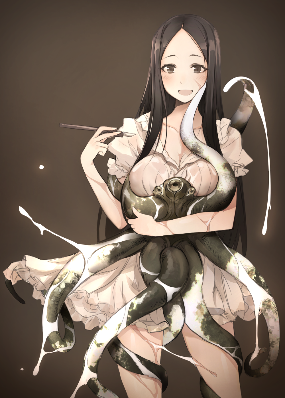 1girl, black_eyes, black_hair, blush, breasts, cowboy_shot, dress, highres