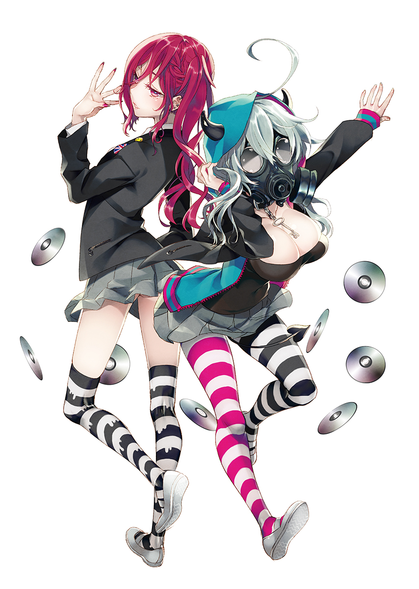 2girls, ahoge, blazer, breasts, cd, cleavage, gas_mask, highres