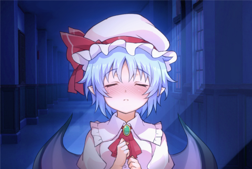 1girl, aa-rance, ascot, bat_wings, blush, brooch, bust, closed_eyes