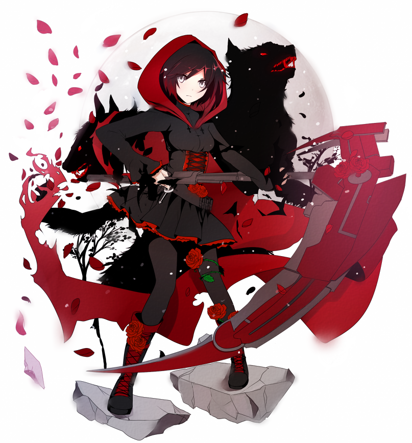 1girl, bandolier, beowolf, black_boots, black_dress, black_hair, black_legwear, boots, corset, cross, cross-laced_footwear, dress, flower, gradient_hair, grey_eyes, grey_eyes, grimm, gun, hooded_cloak, lace-up_boots, monster, moon, multicolored_hair, pantyhose, petals, red_cape, red_eyes, redhead, rose, rose_petals, ruby_rose, rwby, scythe, sharp_teeth, short_hair, solo, tusia, two-tone_hair, weapon