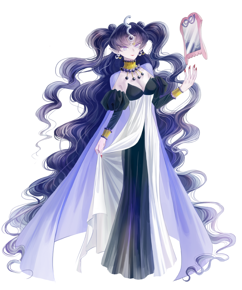 1girl, absurdly_long_hair, bishoujo_senshi_sailor_moon, breasts, cape, cleavage, detached_sleeves, double_bun, earrings, jewelry, long_hair, mirror, nail_polish, nehelenia_(sailor_moon), pambabam, pointy_ears, puffy_sleeves, red_nails, solo, twintails, very_long_hair