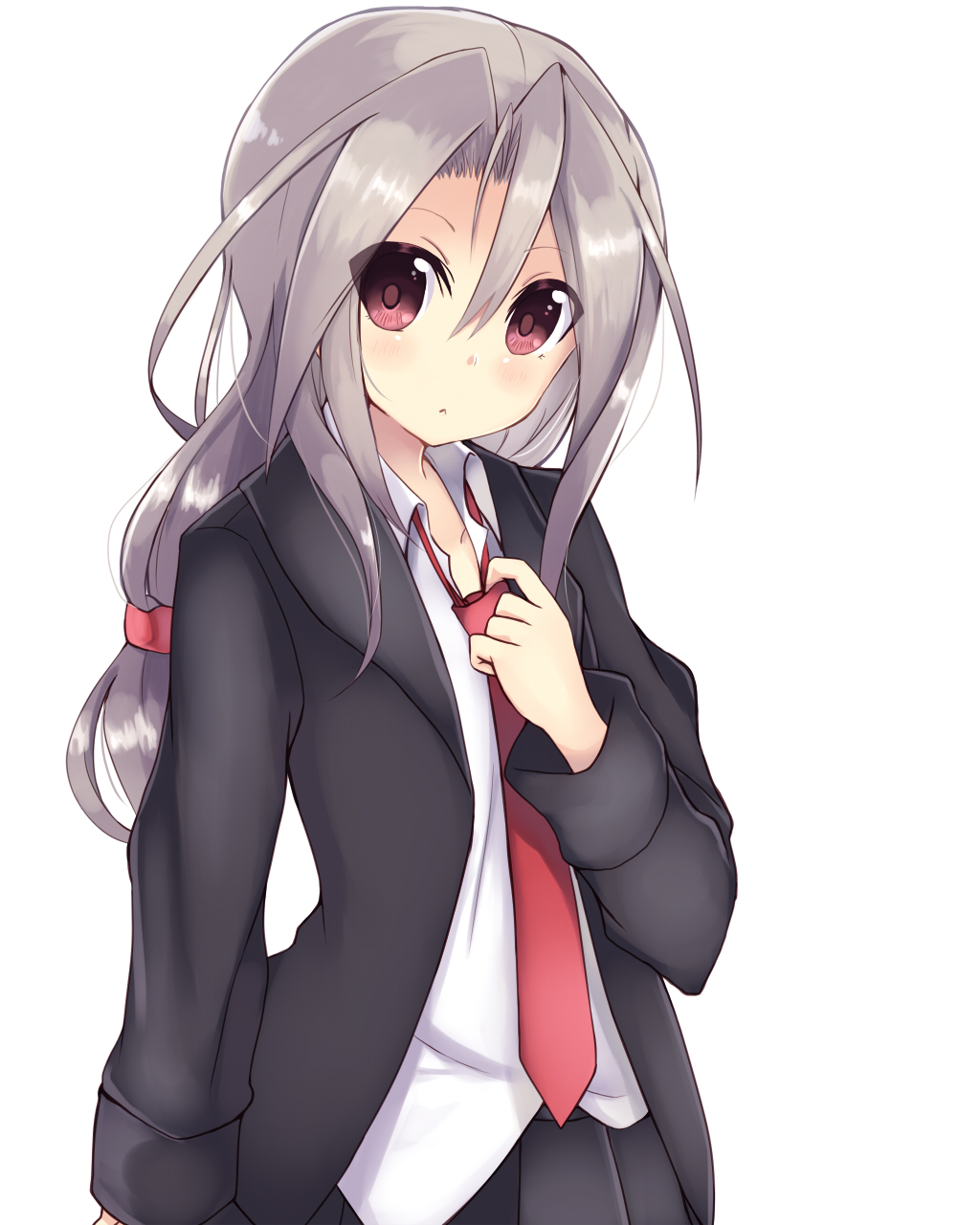 1girl, :<, amano_kouki, black_skirt, blazer, blush, brown_eyes, hatsushimo_(kantai_collection)
