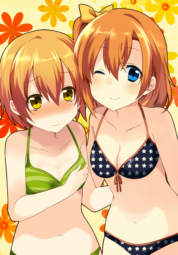 2girls, bikini, blue_eyes, blush, bow, brown_hair, fujishiro_emyu, hair_bow