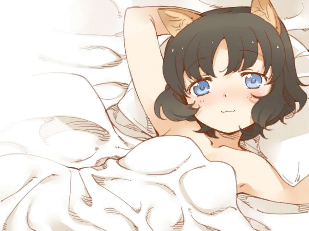 1girl, animal_ears, armpits, bed, black_hair, blanket, blue_eyes, blush