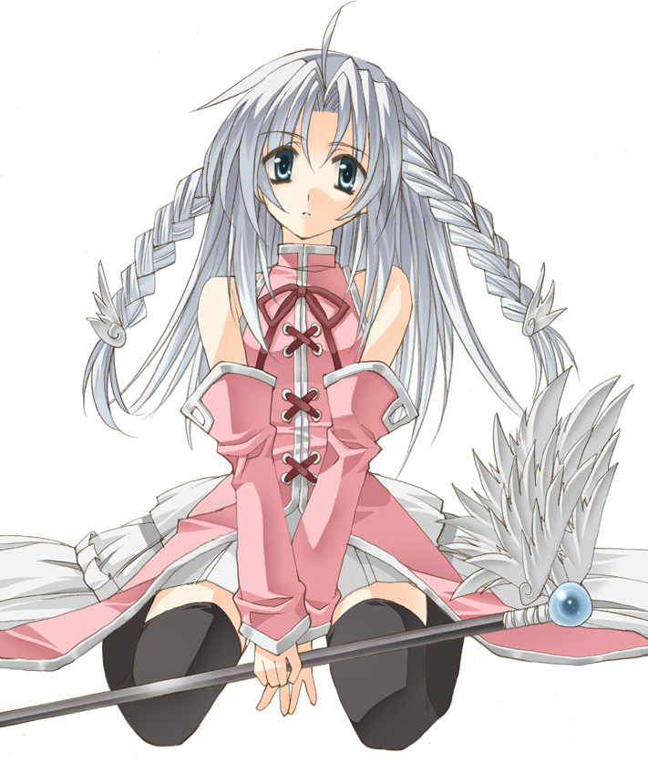 anzu_(onelelee), braid, detached_sleeves, magical_x_miracle, merleawe, silver_hair, sitting, skirt, staff, thigh-highs, thighhighs, twin_braids