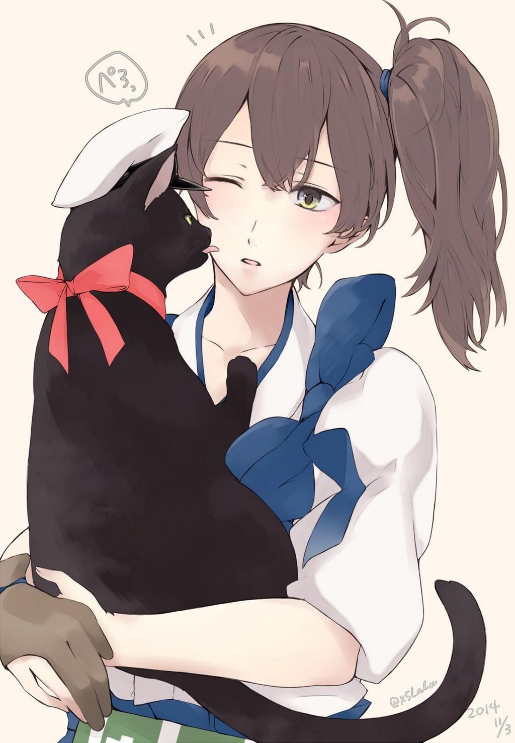 brown_eyes, brown_hair, cat, gloves, hat, highres, japanese_clothes, kaga_(kantai_collection)