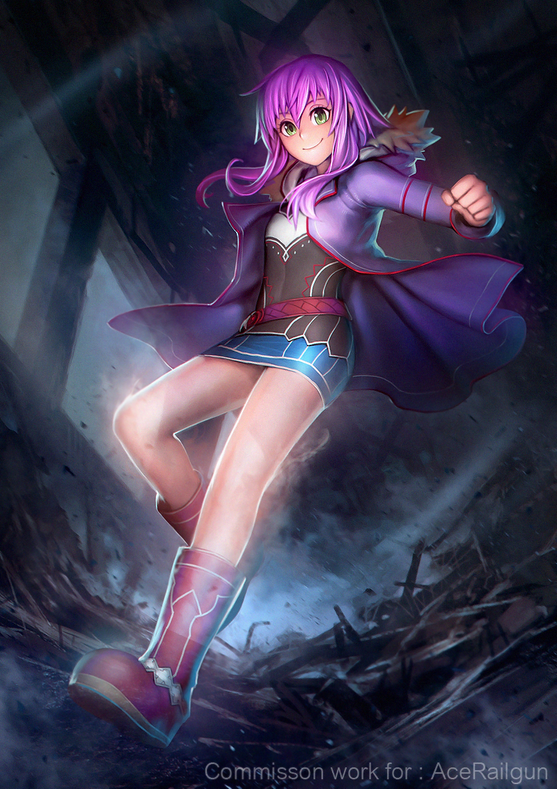 1girl, boots, borrowed_character, coat, flat_chest, full_body, fur_trim, ghost