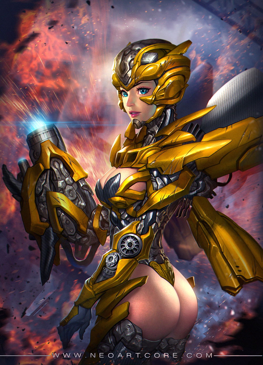 1girl, arm_cannon, armor, ass, ass_cutout, blue_eyes, breasts, bumblebee
