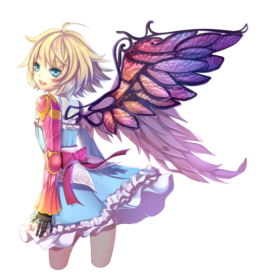 1girl, :d, absurdres, ahoge, angel, angel_wings, asymmetrical_wings, blonde_hair