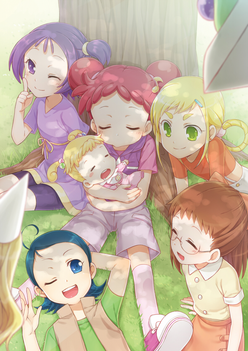 asuka_momoko, blonde_hair, blue_hair, blush, brown_hair, fujiwara_hazuki, harukaze_doremi, lala_(ojamajo_doremi), lying, majorika, makihatayama_hana, ojamajo_doremi, open_mouth, outdoors, segawa_onpu, senoo_aiko, short_hair, shye, skirt, smile