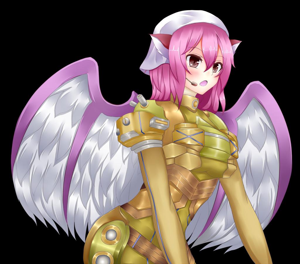1girl, animal_ears, armor, black_background, breasts, hat, headset, mystia_lorelei