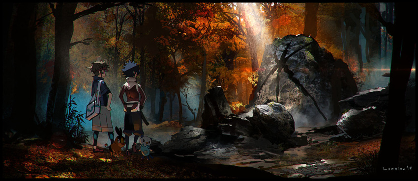 2boys, autumn, bag, black_hair, brown_hair, fanny_pack, forest, from_behind