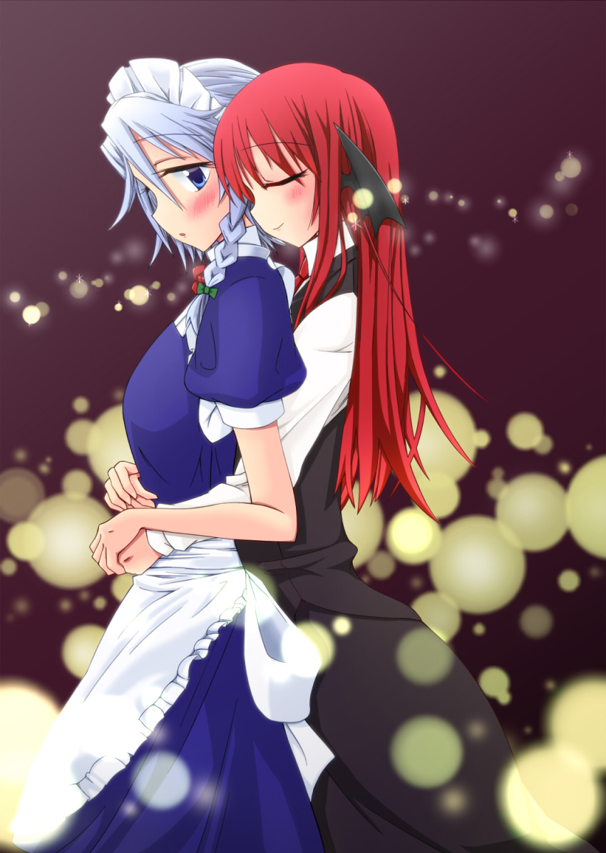 2girls, 3692materia, apron, blush, head_wings, highres, hug, hug_from_behind
