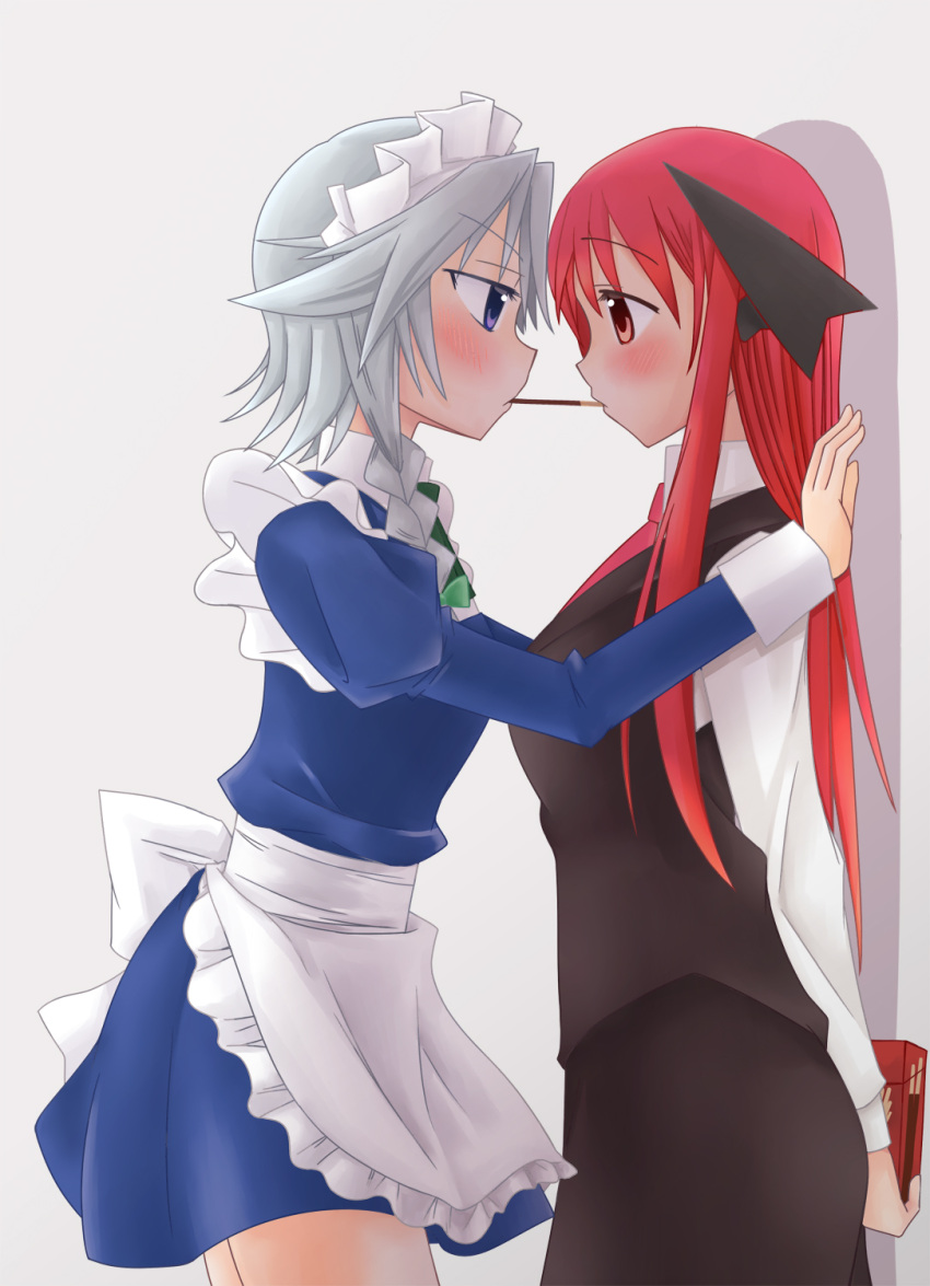 2girls, 3692materia, apron, blush, head_wings, highres, izayoi_sakuya, koakuma