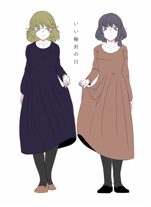 2girls, alternate_costume, blonde_hair, bow, brown_eyes, brown_hair, dress, hair_bow, maribel_hearn, multiple_girls, natsu_no_ocha, no_hat, short_hair, simple_background, skirt_hold, touhou, translation_request, usami_renko, white_background