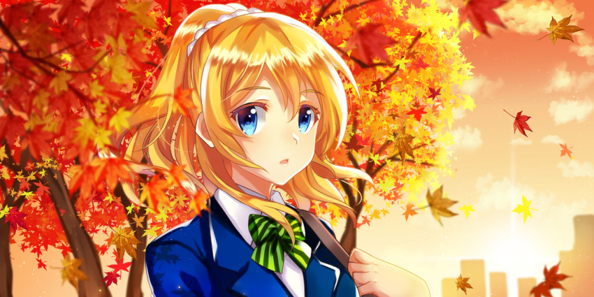 1girl, :o, autumn, ayase_eli, blazer, blonde_hair, blue_eyes, evening