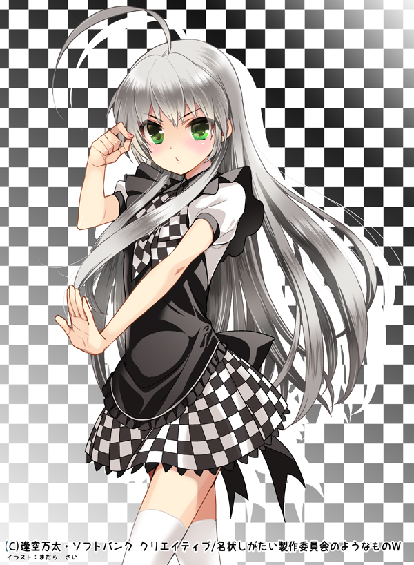 1girl, :o, ahoge, checkered, checkered_background, checkered_skirt, green_eyes, haiyore!_nyaruko-san