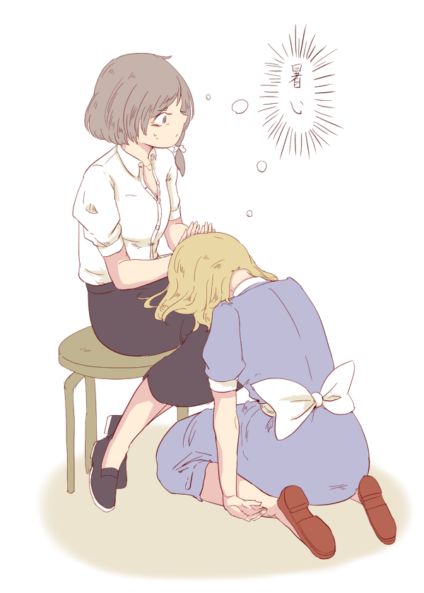 2girls, blonde_hair, bow, brown_eyes, brown_hair, dress, hair_bow, maribel_hearn