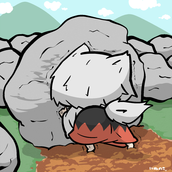 1girl, animal_ears, chibi, inubashiri_momiji, inunoko., no_hat, pushing, short_hair