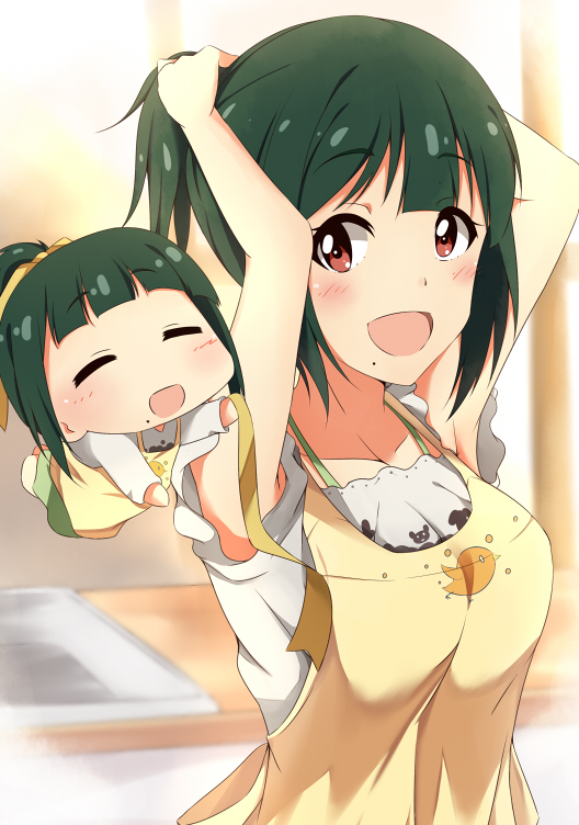 2girls, :d, =_=, adjusting_hair, apron, arms_up, blush, brown-framed_glasses