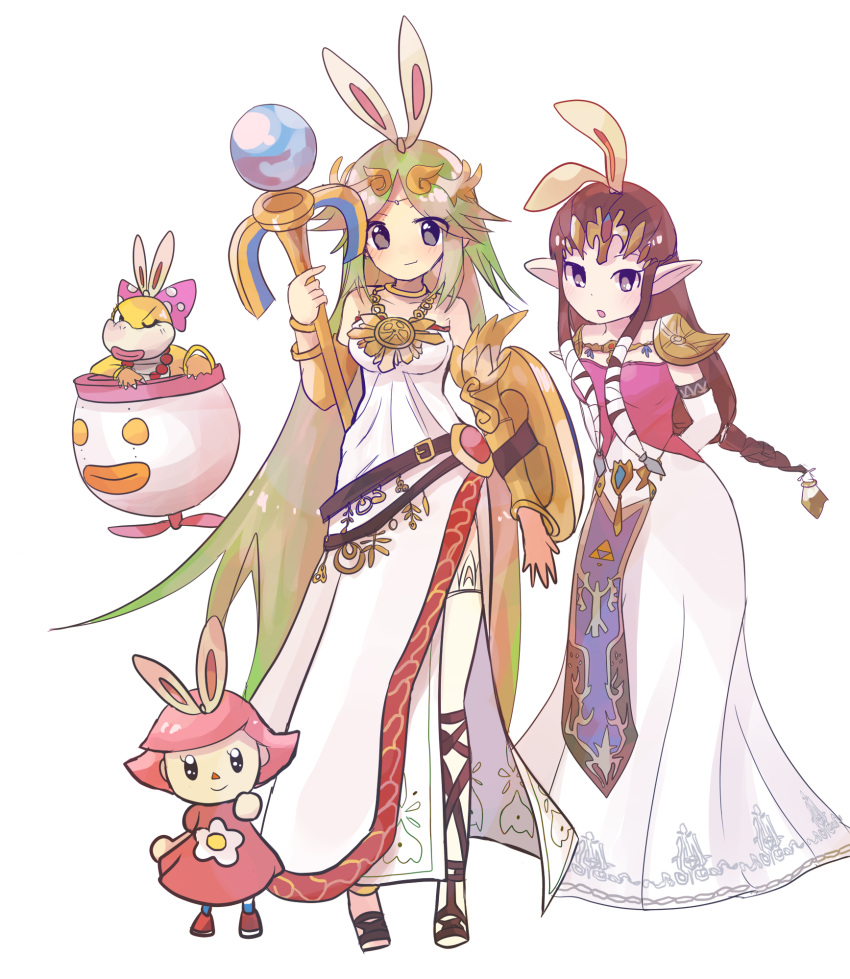 4girls, animal_ears, arms_behind_back, bare_shoulders, black_eyes, blush, bow, bracelet