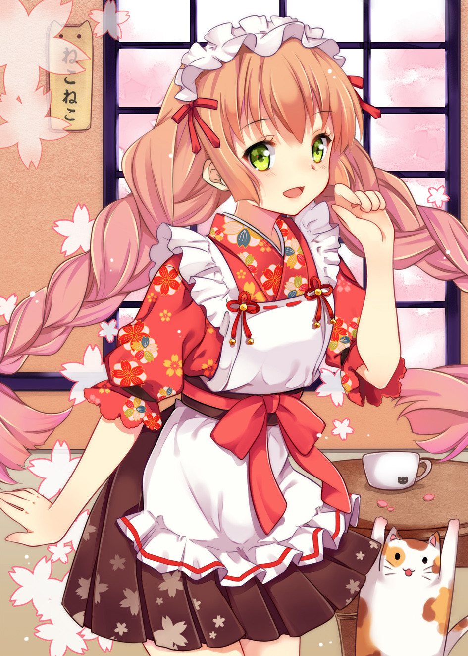 1girl, :3, apron, braid, brown_hair, brown_skirt, cat, floral_print