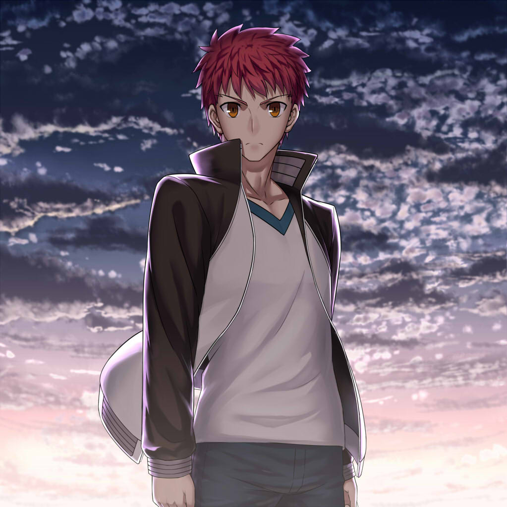 1boy, emiya_shirou, fate/stay_night, fate_(series), kotera_ryou, redhead, solo, track_jacket, yellow_eyes