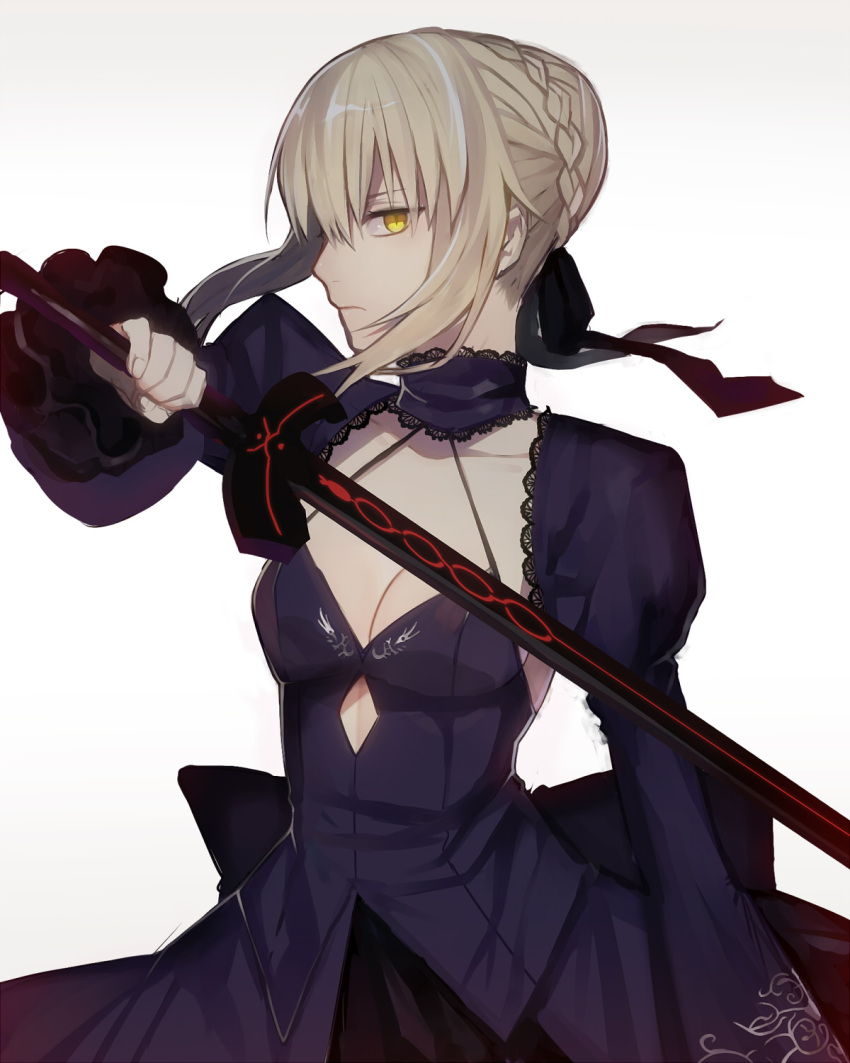 1girl, blonde_hair, braid, dark_excalibur, dress, fate/stay_night, fate_(series), hair_bun, highres, saber, saber_alter, sanae_(satansanae), solo, sword, weapon, yellow_eyes