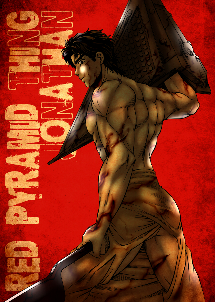 1boy, black_hair, jojo_no_kimyou_na_bouken, jonathan_joestar, newo_sssc, pyramid_head, pyramid_head_(cosplay), silent_hill, solo
