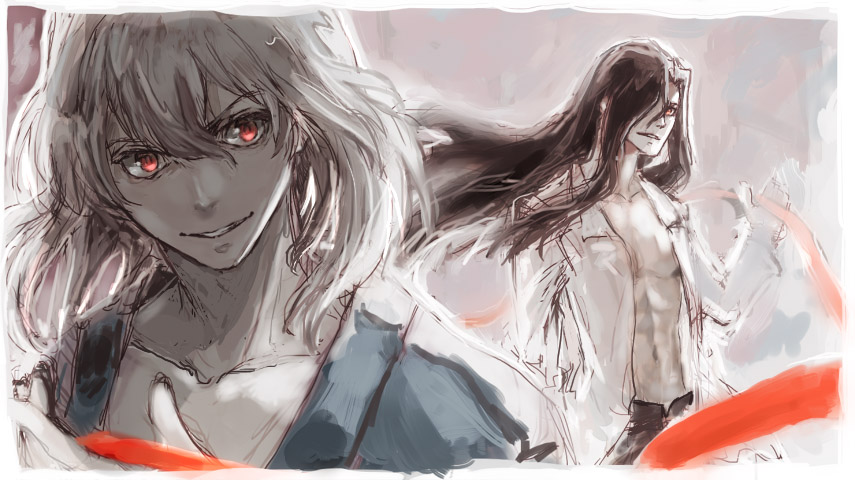 2boys, black_hair, fangs, hair_over_one_eye, hatayanagi_shizuku, japanese_clothes, long_hair, michael_roa_valdamjong