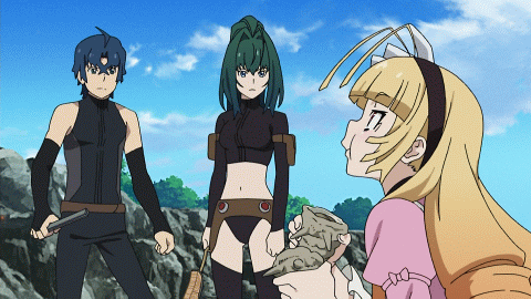 1boy, 2girls, akari_acura, animated, animated_gif, blonde_hair, blue_hair, eating