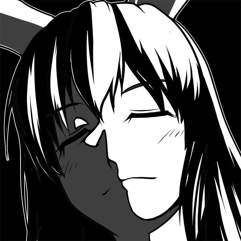 1girl, animal_ears, closed_eyes, hirasawa_susumu, kyuusai_no_gihou, monochrome, parody, rabbit_ears, reisen_udongein_inaba, solo, tagme, touhou, waribashi-p