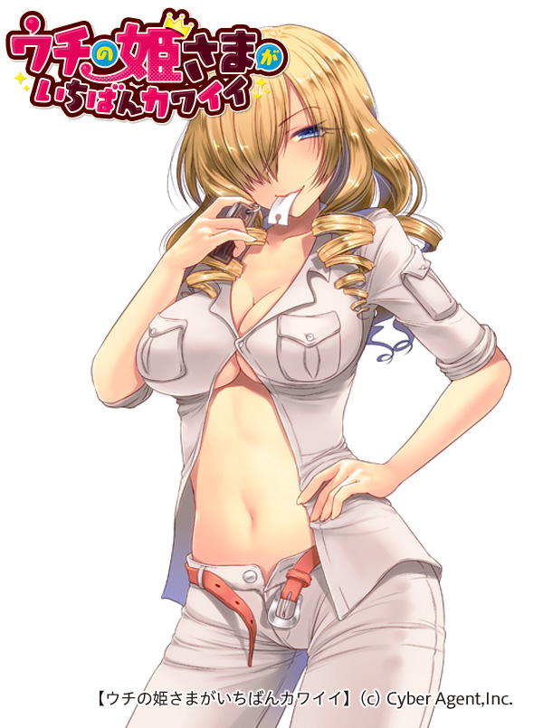 108_gou, 1girl, belt, blonde_hair, blue_eyes, blush, breasts, cowboy_shot