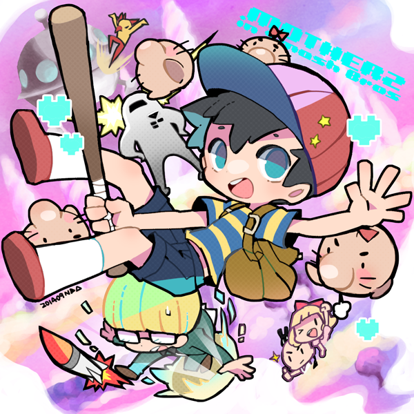 >_o, baseball_bat, baseball_cap, blonde_hair, blue_eyes, bow, bowl_cut, character_request