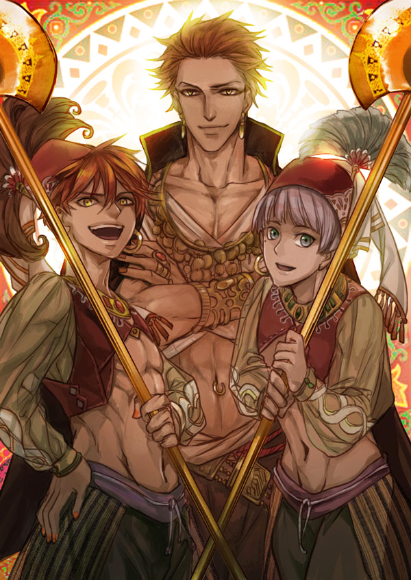 3boys, arabian_clothes, blue_eyes, brown_hair, darkwinslow, earrings, free!, grey_hair