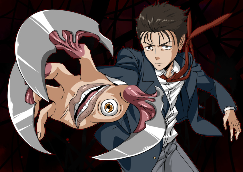 1boy, commentary_request, eyes, izumi_shinichi, kiseijuu, maru_(maruttona), migi, mouth