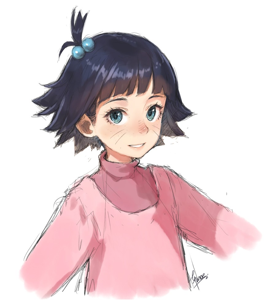 1girl, bangs, black_hair, blue_eyes, blunt_bangs, blush, bust, child