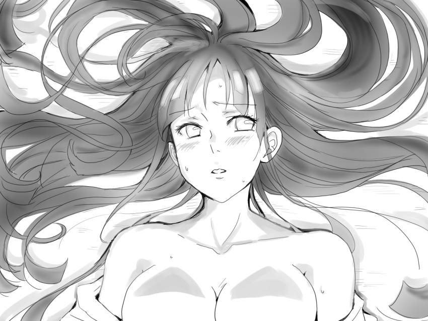1girl, black_hair, breasts, cleavage, hyuuga_hinata, long_hair, looking_at_viewer, monochrome