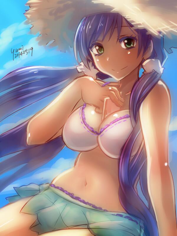 1girl, arm_support, bare_shoulders, between_breasts, bikini, bikini_skirt, breasts, card, card_between_breasts, green_eyes, hat, large_breasts, long_hair, looking_at_viewer, love_live!_school_idol_project, midriff, purple_hair, sitting, smile, solo, straw_hat, swimsuit, toujou_nozomi, twintails, white_bikini, white_swimsuit, yumi_yumi