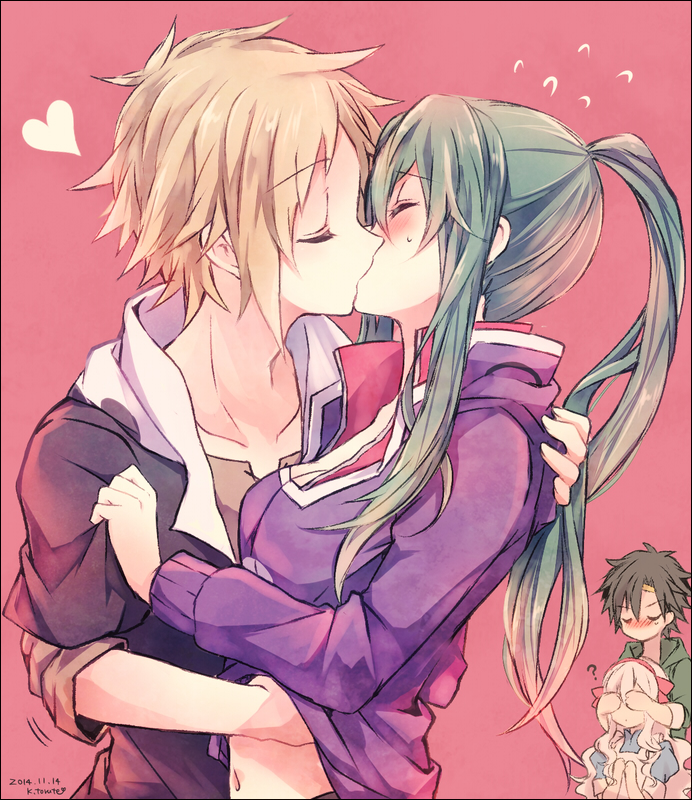 2boys, 2girls, black_hair, blush, closed_eyes, covering_eyes, green_hair, heart