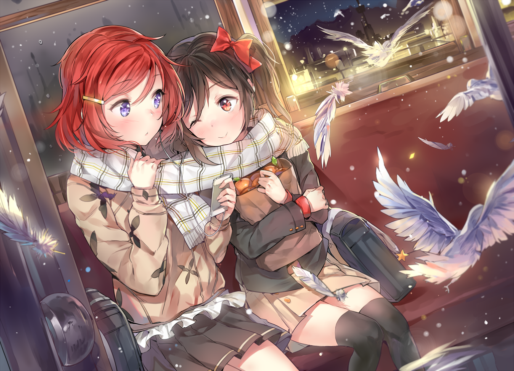 2girls, bag, bird, black_hair, black_legwear, blush, bow, cellphone